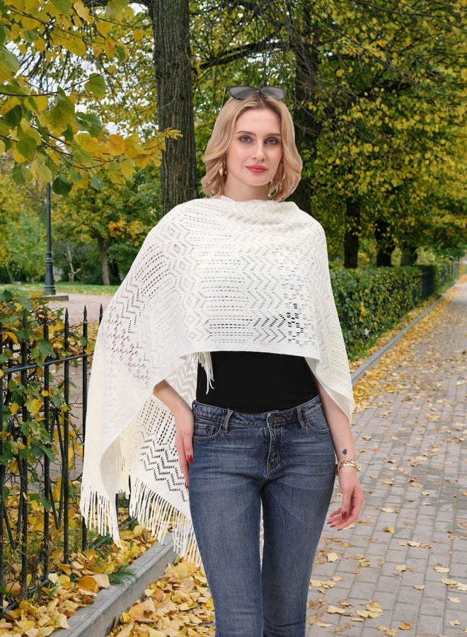 soul young Knit Shawl Wrap for Women - Ladies Fringe Knitted Poncho Cardigan Cape, Cream White, One size - Image 3