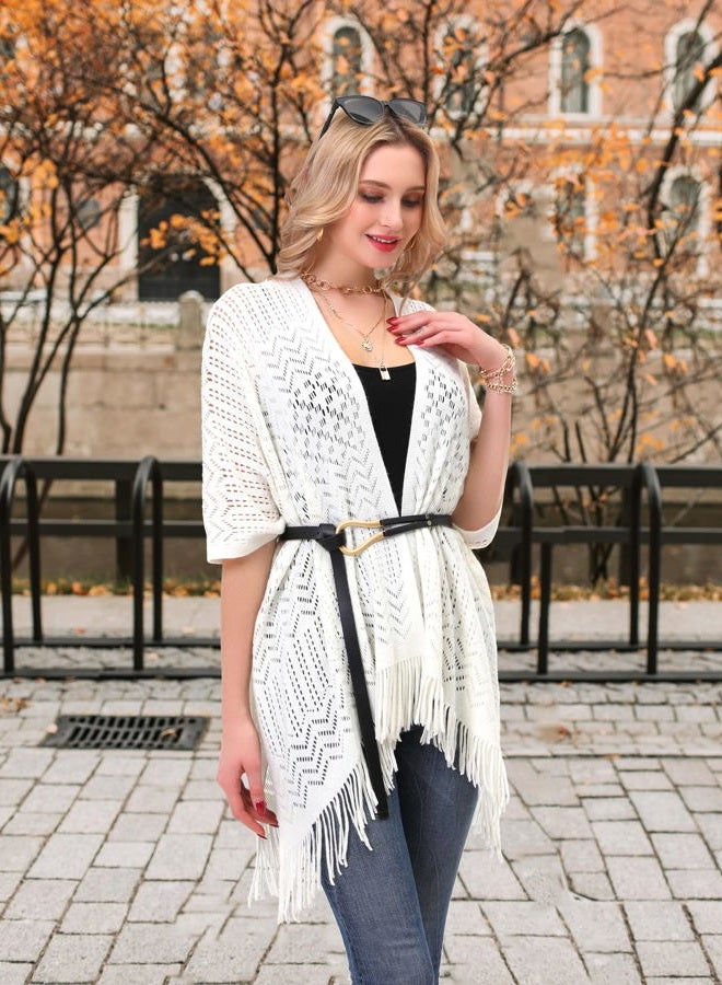soul young Knit Shawl Wrap for Women - Ladies Fringe Knitted Poncho Cardigan Cape, Cream White, One size - Image 2