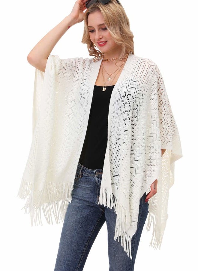 soul young Knit Shawl Wrap for Women - Ladies Fringe Knitted Poncho Cardigan Cape, Cream White, One size - Image 1