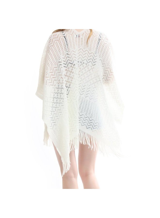 soul young Knit Shawl Wrap for Women - Ladies Fringe Knitted Poncho Cardigan Cape, Cream White, One size - Image 5