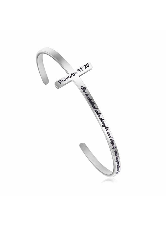 MEMGIFT Inspirational Cross Jewelry Bible Verse Bracelet Stainless Steel Cuff Bangle Christian Jewellery Gifts for Women - Image 1