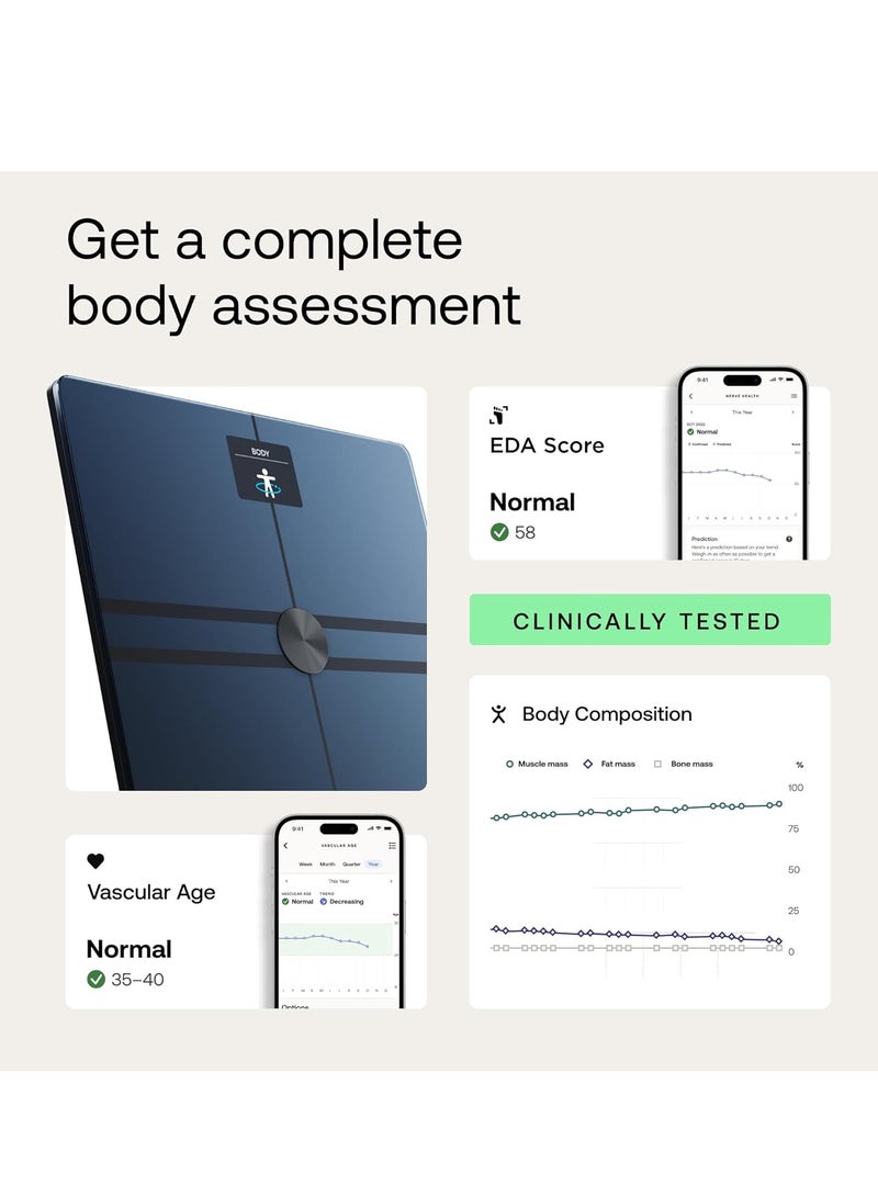 ويذينجز ميزان الجسم الرقمي الذكي - مقياس الجسم الذكي المتقدم مع تكوين الجسم - مؤشر كتلة الجسم، قراءات الدهون الحشوية، تقييم صحة القلب والأوعية الدموية والأعصاب، عمر البطارية حتى 15 شهرًا وما يصل إلى 8 مستخدمين - أسود. - Image 5