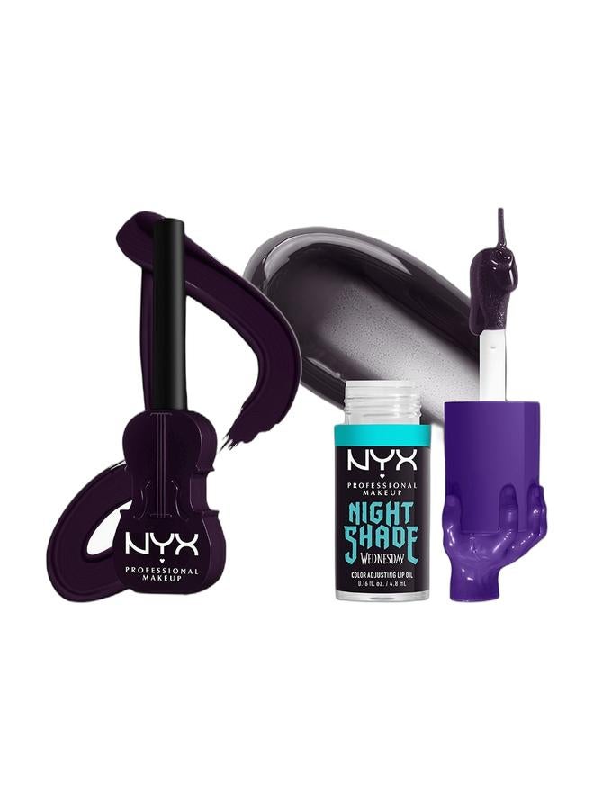 NYX PROFESSIONAL MAKEUP Wednesday Cello Vivid Matte Liquid Eyeliner & Wednesday Color-Shifting Lip Oil, Nightshade, Lip Oil, 12H Hydration, High-shine Finish Bundle - Image 1
