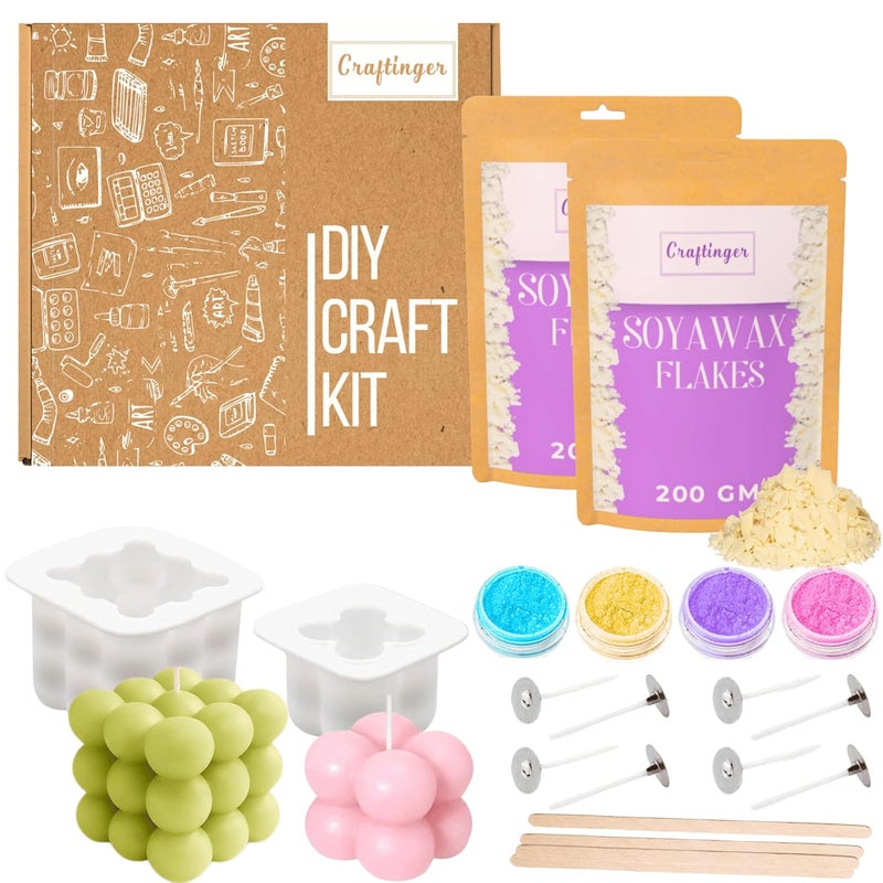 Craftinger DIY Candle Making Kit with 400gm Soya wax 2 Different Size Shape Molds 4 Candle Powders Wicks Sticks Activity beginner Kit for Kids Adults with Pure Natural Ingredients Ideal for Diwali Birthday Gifts Home Decor Craft Kit