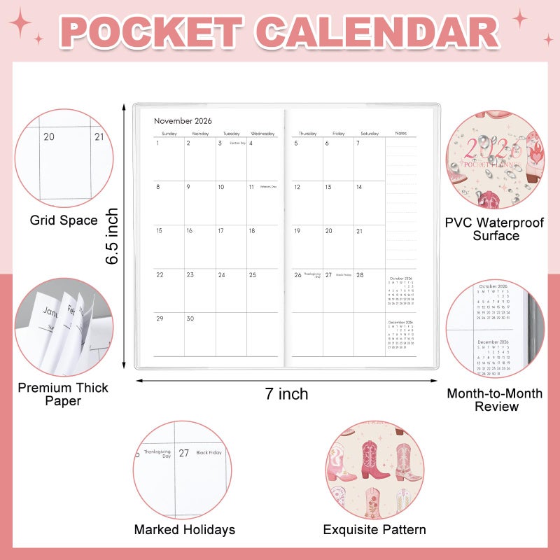 ReliThick 2026 Pocket Calendar for Purse Small Monthly Planner for Women Handy Weekly Pocket Planner Journal Notebook Christmas New Year Gift Sister Friends Women (Vertical,Pink Cowboy Girl) - Image 2