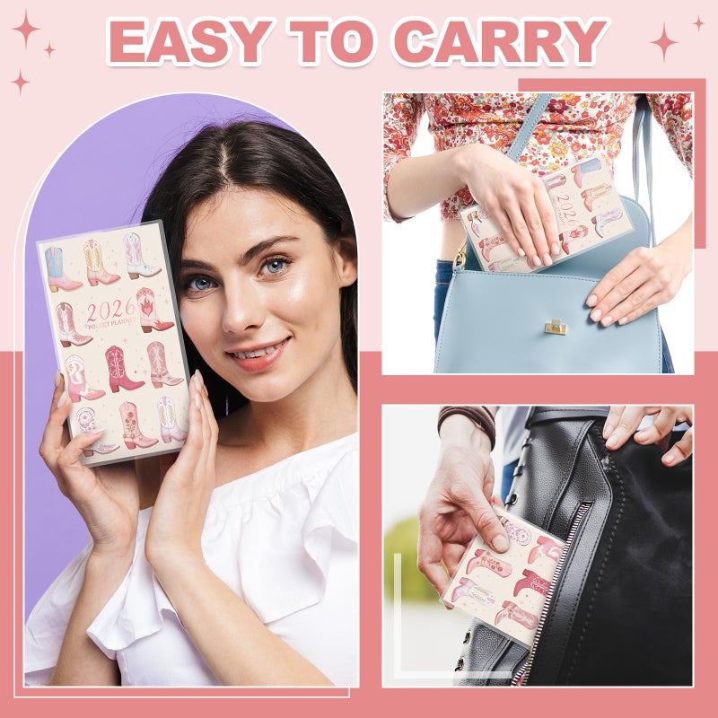 ReliThick 2026 Pocket Calendar for Purse Small Monthly Planner for Women Handy Weekly Pocket Planner Journal Notebook Christmas New Year Gift Sister Friends Women (Vertical,Pink Cowboy Girl) - Image 3