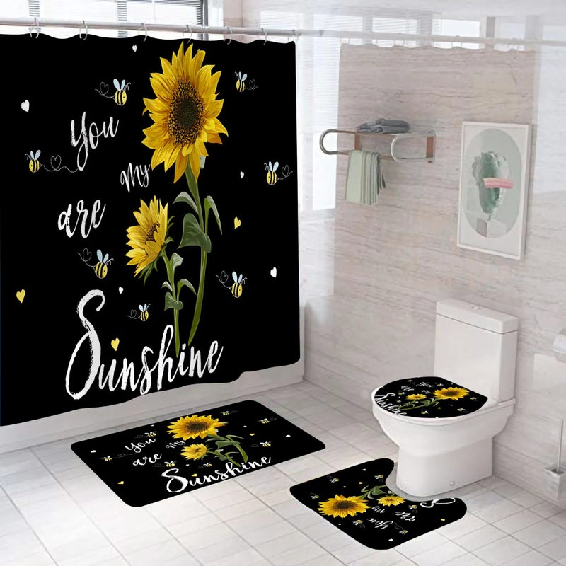 Y&D Hot Sale New Arrival Sunflower Bathroom Fabric  Print Anti Slip Bath Mat and Shower Curtain Set 4 Pcs Shower Curtain - Image 1