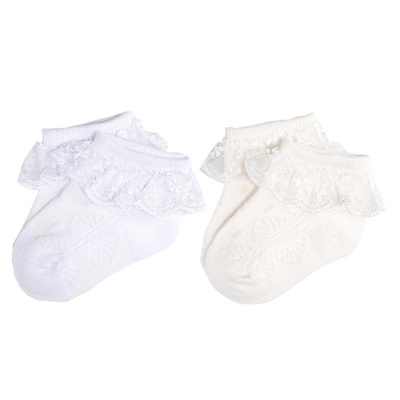 EPEIUS Baby-Girls Eyelet Frilly Lace Socks Cotton Rich Infant Girl Princess Ankle Socks White/Ivory(Pack of 2) 6-12 Months - Image 1