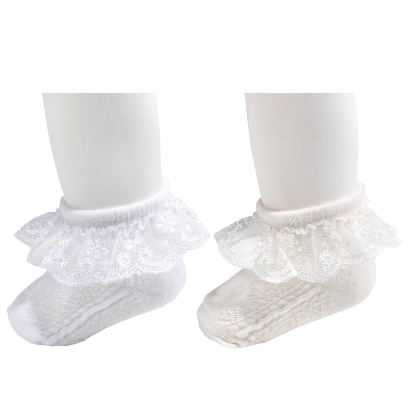 EPEIUS Baby-Girls Eyelet Frilly Lace Socks Cotton Rich Infant Girl Princess Ankle Socks White/Ivory(Pack of 2) 6-12 Months - Image 2