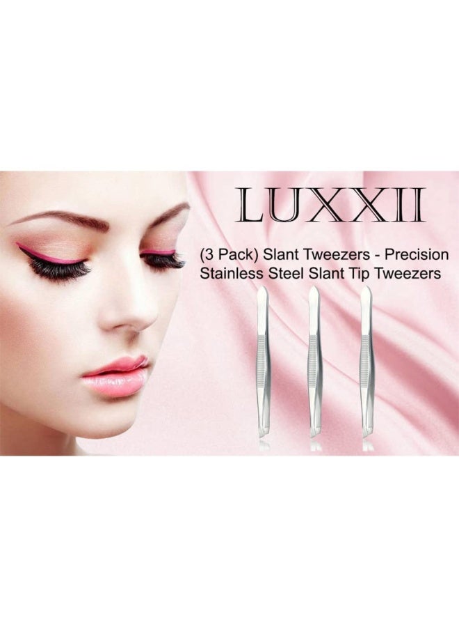 Luxxii 3 Pack Slant Tweezers  Precision Stainless Steel Slant Tip Tweezers Hair Plucker for Hair and Eyebrows Personal Care Silver Tone - Image 2