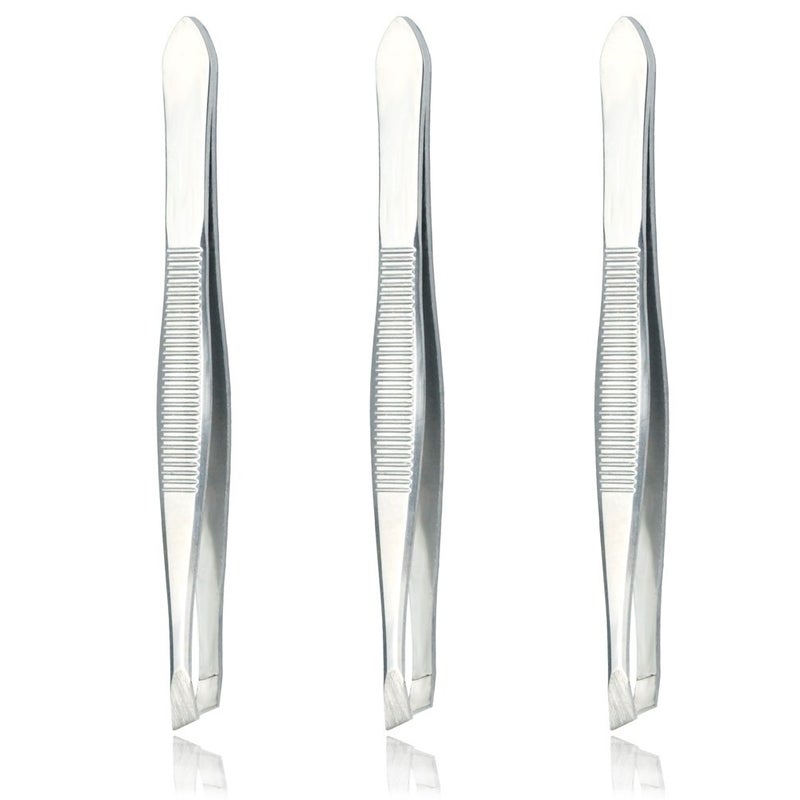 Luxxii 3 Pack Slant Tweezers  Precision Stainless Steel Slant Tip Tweezers Hair Plucker for Hair and Eyebrows Personal Care Silver Tone - Image 1