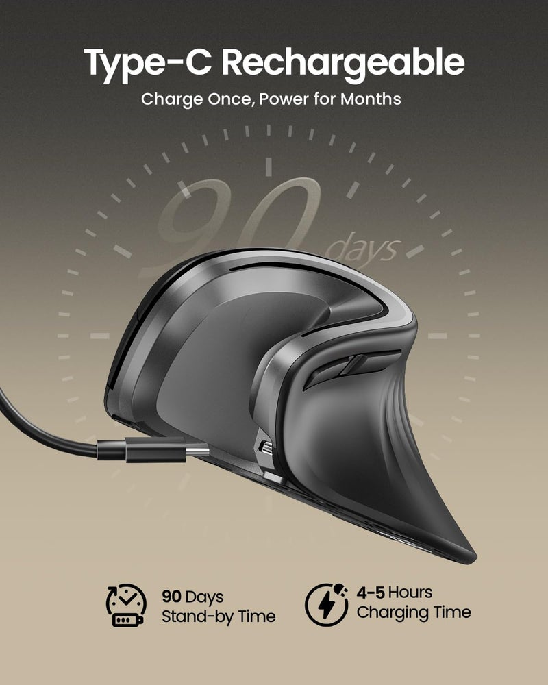 ProtoArc Ergonomic Vertical Mouse, EM11 NL Rechargeable Wireless Mouse Bluetooth, Ergo Mice with 3 Multi-Device for PC/Notebook/Laptop, 2.4GHz Optical Mice for Windows, Mac OS, Gray - Image 2