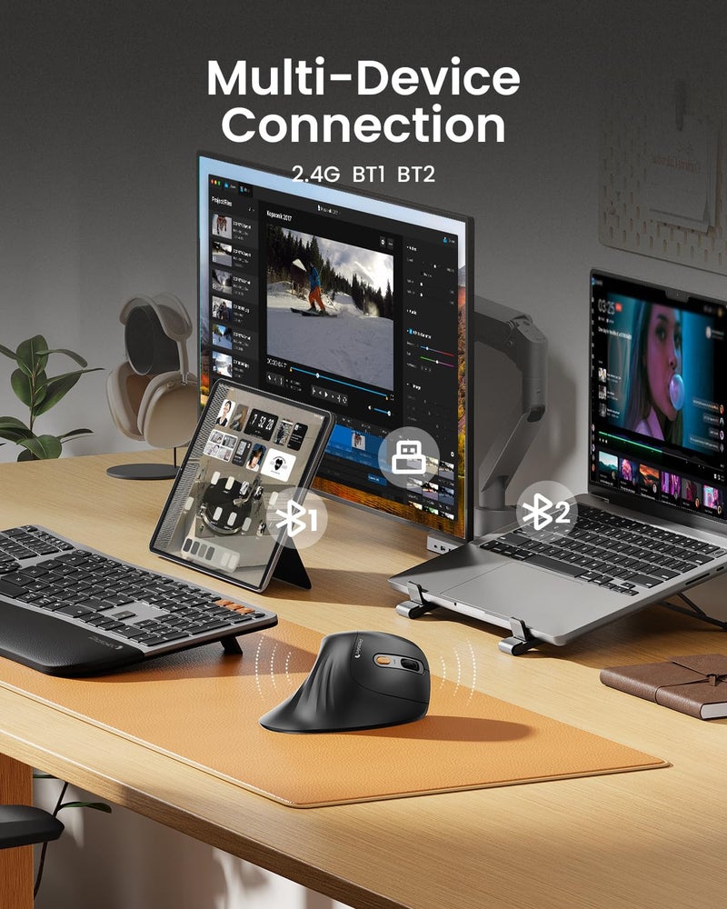 ProtoArc Ergonomic Vertical Mouse, EM11 NL Rechargeable Wireless Mouse Bluetooth, Ergo Mice with 3 Multi-Device for PC/Notebook/Laptop, 2.4GHz Optical Mice for Windows, Mac OS, Gray - Image 3