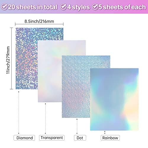 UOKHO 20 Sheets Holographic Sticker Paper for Inkjet & Laser Printer 8.5x11 inch Printable Vinyl Holographic Sticker Paper Self-Adhesive Waterproof -, Diamond, Rainbow, Dots, Transparent - Image 2