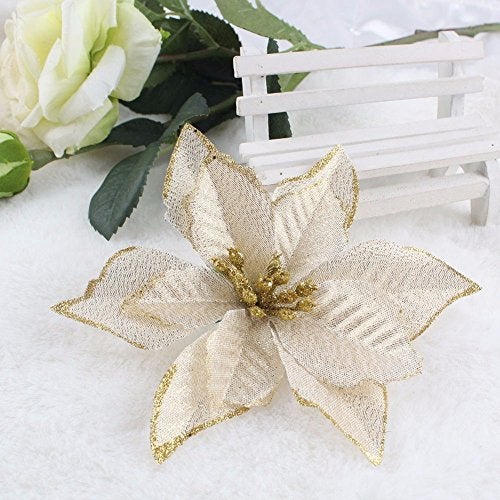 Amajoy 12pcs Glitter Poinsettia Christmas Tree Ornament Artificial Wedding Christmas Flowers Xmas Tree Wreaths Decor Ornament, 5.5inch, Red and Gold for Choice (Gold) - Image 3