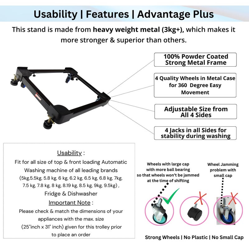 Viventiq Viventiq Washing Machine Stand in Black Colour Adjustable Metal Frame Trolley with Wheels 4 Anti Vibration Jackswith 165kg Load Cap for Fronttop Load Washing MachineFridgeDishwasher Stand  - Image 2