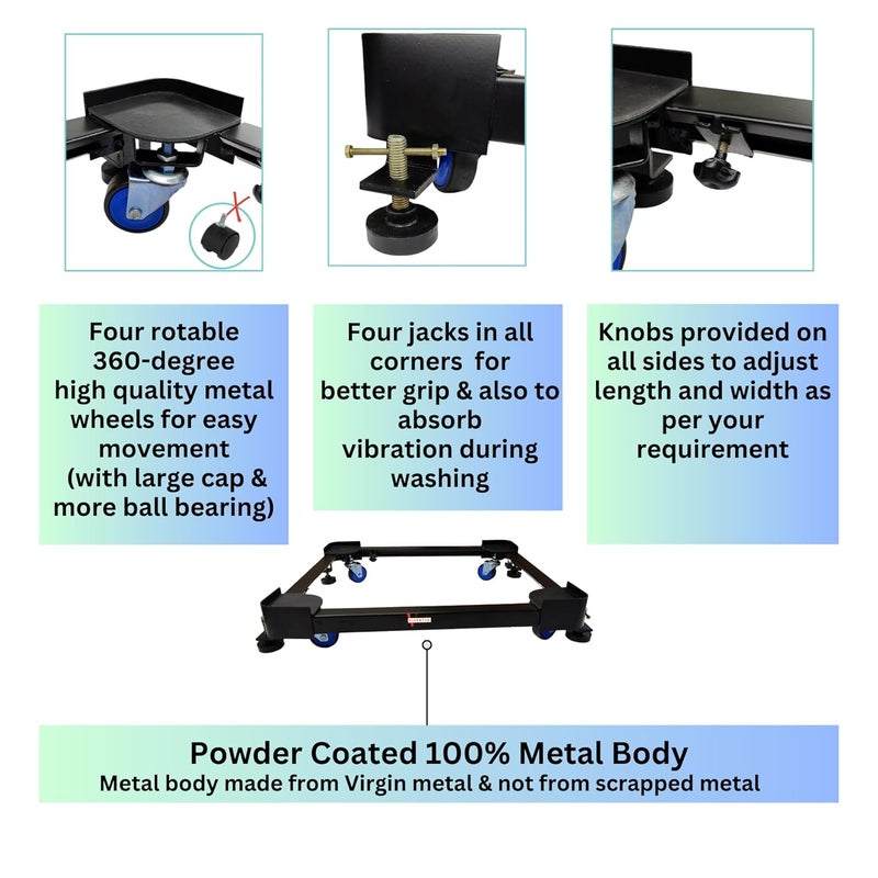 Viventiq Viventiq Washing Machine Stand in Black Colour Adjustable Metal Frame Trolley with Wheels 4 Anti Vibration Jackswith 165kg Load Cap for Fronttop Load Washing MachineFridgeDishwasher Stand  - Image 4