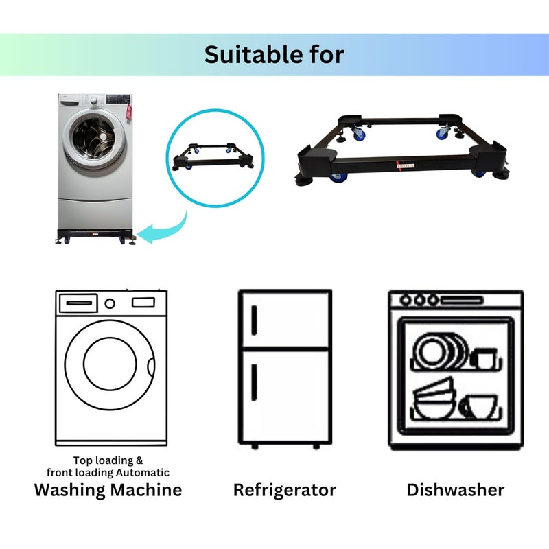 Viventiq Viventiq Washing Machine Stand in Black Colour Adjustable Metal Frame Trolley with Wheels 4 Anti Vibration Jackswith 165kg Load Cap for Fronttop Load Washing MachineFridgeDishwasher Stand  - Image 5