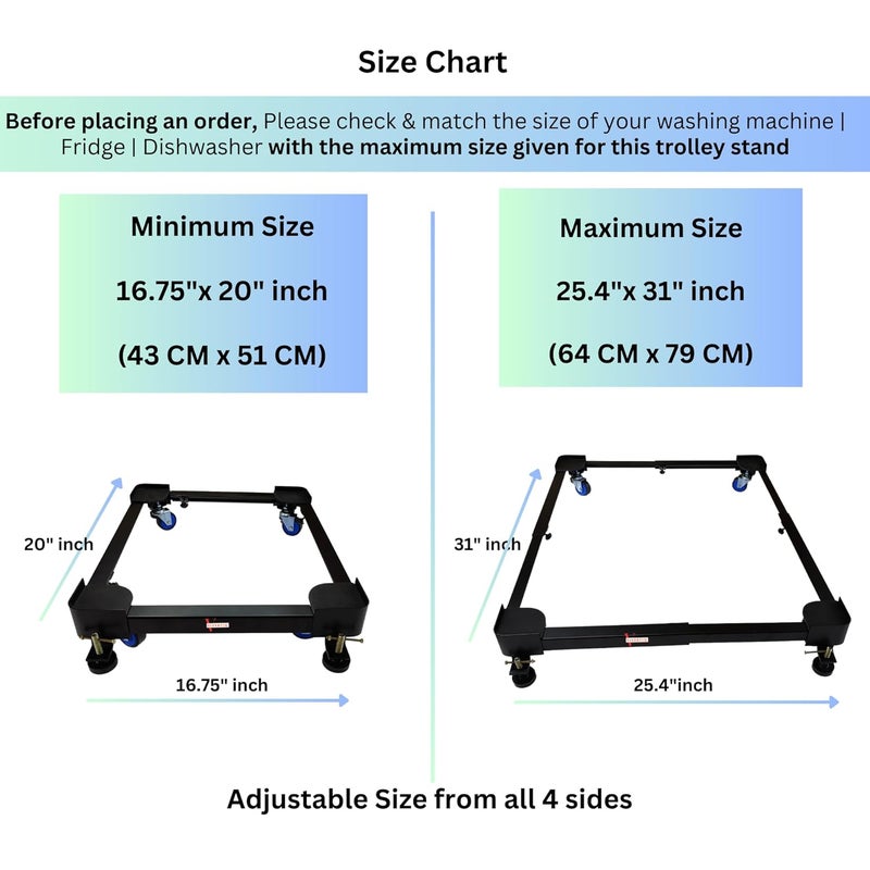 Viventiq Viventiq Washing Machine Stand in Black Colour Adjustable Metal Frame Trolley with Wheels 4 Anti Vibration Jackswith 165kg Load Cap for Fronttop Load Washing MachineFridgeDishwasher Stand  - Image 3