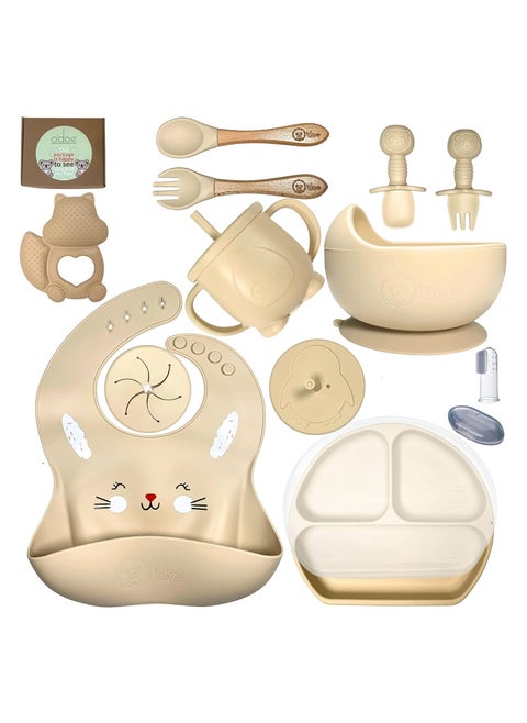 Baby Led Weaning Feeding Supplies for Toddlers, O'doe Baby Feeding Set | Suction Silicone Baby Bowl-Self Eating Utensils Set with Spoons, Bibs, Toddlers Spoon Set | Plate Kit | Set of 14