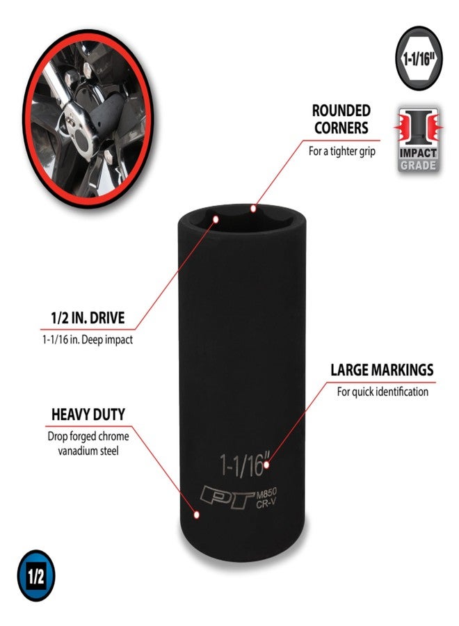 Performance Tool M850 1/2-Inch Drive Impact Socket, 1-1/16, High-Strength Chrome Vanadium Steel Construction for Heavy-Duty Applications - Image 3