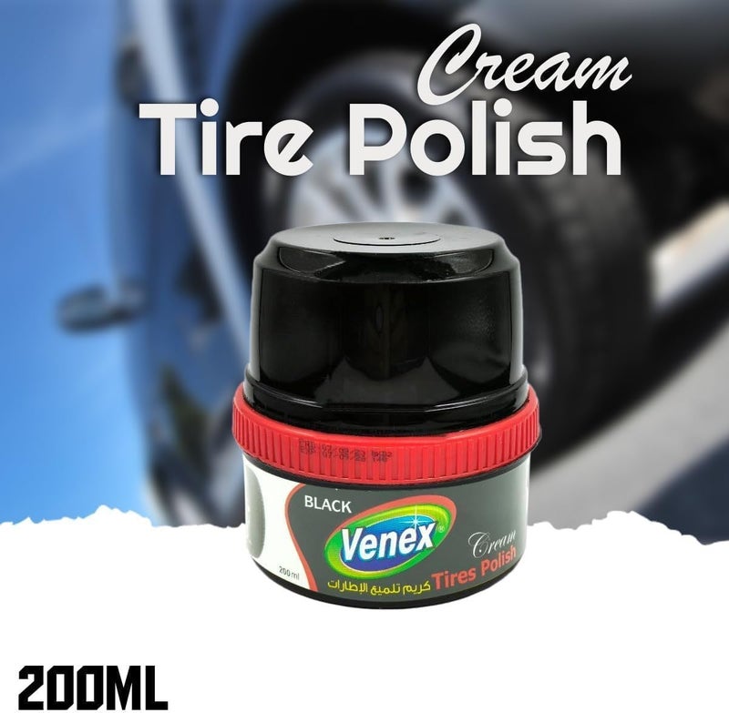 venex cream Tire Polish 200ml – Black Tire Shine Restorer for Cars & Bikes | Long Lasting Gloss | Dirt & Water Repellent | Tire Protection & Care Cream - Image 1