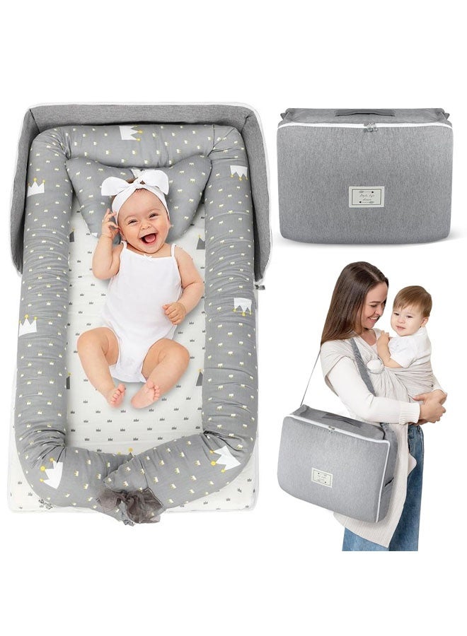 Baby Lounger with Strap,Portable Foldable Travel Lounger Machine Washable Lightweight Baby Nest,Hypoallergenic Sleep Crib，Breathable u0026 Comfortable 100% Cotton Baby Lounger Newborn Essentials for Newborn 0-24 Month,,Travel Baby Lounger for Infants Toddler - Indoor u0026 Outdoor Use - Image 1