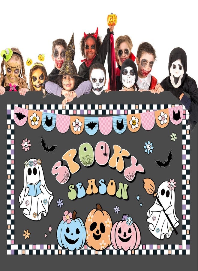 ojustbeok Halloween Bulletin Board Decorations Boho Halloween Ghost Pumpkin Spider Bat Paper Cutouts Supplies Groovy Spooky Season Classroom Decors for Holiday School Home Class Chalkboard Wall Decor - Image 5