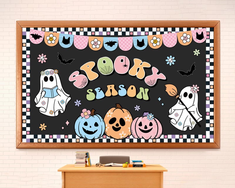 ojustbeok Halloween Bulletin Board Decorations Boho Halloween Ghost Pumpkin Spider Bat Paper Cutouts Supplies Groovy Spooky Season Classroom Decors for Holiday School Home Class Chalkboard Wall Decor - Image 1