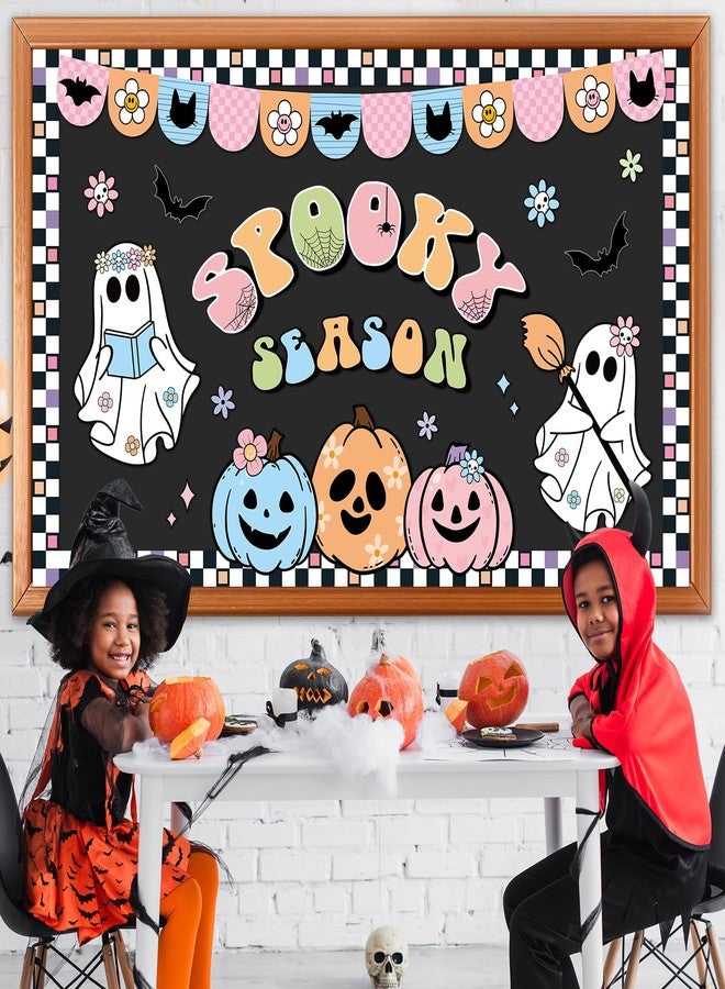 ojustbeok Halloween Bulletin Board Decorations Boho Halloween Ghost Pumpkin Spider Bat Paper Cutouts Supplies Groovy Spooky Season Classroom Decors for Holiday School Home Class Chalkboard Wall Decor - Image 4