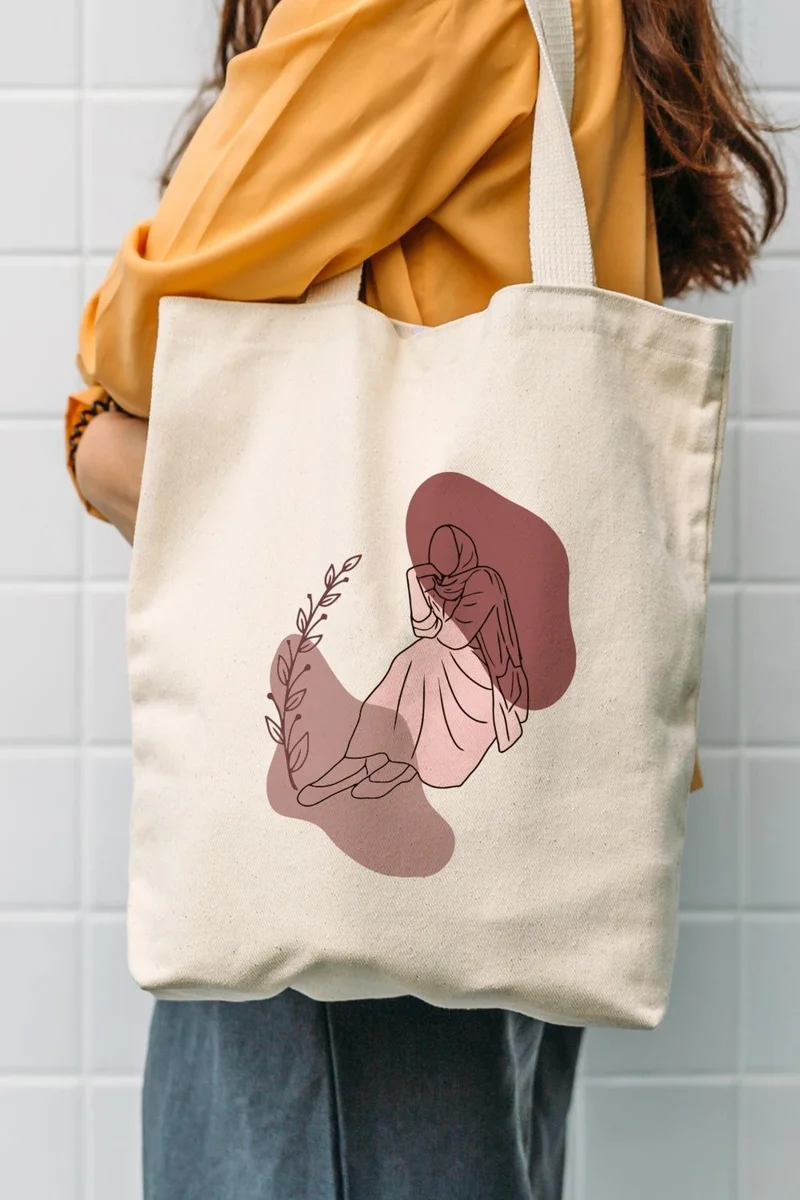 Çınar Bez Çanta Çınar Cloth Bag Hijab Sitting Girl Canvas Shoulder Bag