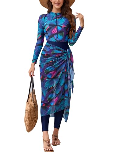 ODIZLI Women Modest Muslim Swimsuits Islamic Arabic Swimwear Burkini Tankini Sets Womens Top Pants with Hijab Swim Cap Rashguard Surfing Beachwear Bathing Suits Burkini for Woman Long Sleeve Purple M - Image 1