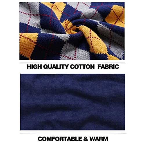 KID1234 Boy's School Uniform V-Neck Cable Front Color Block Plaid Sweater Vest (8) Dark Blue - Image 4