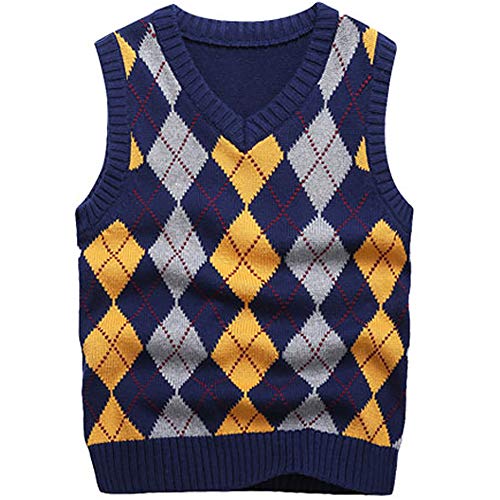 KID1234 Boy's School Uniform V-Neck Cable Front Color Block Plaid Sweater Vest (8) Dark Blue - Image 1