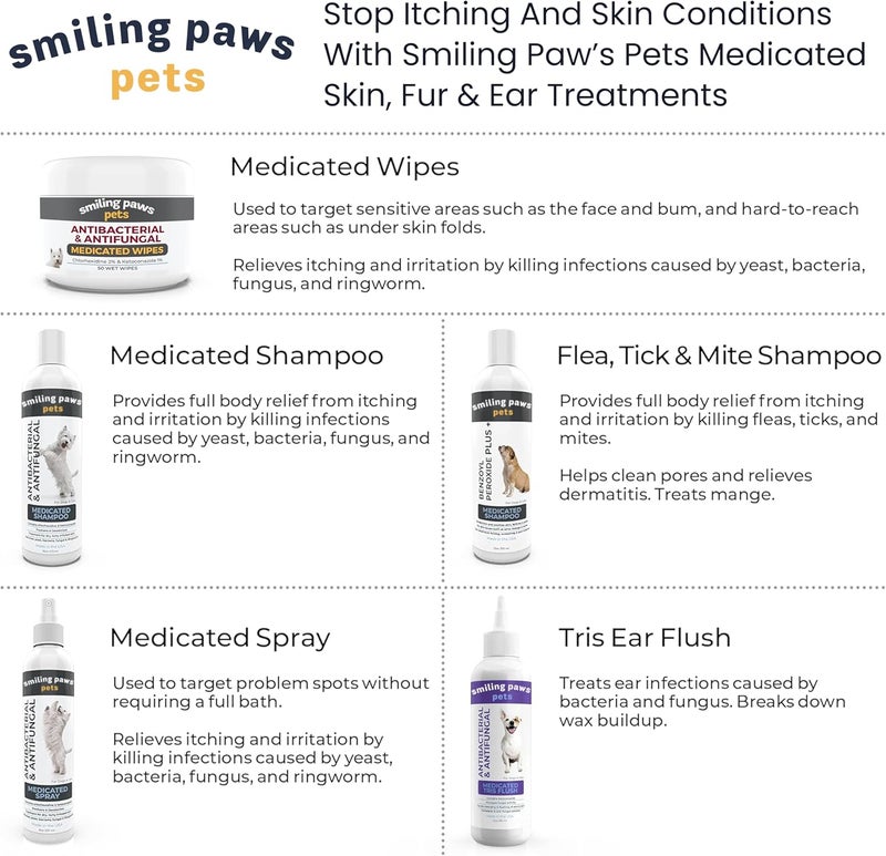 Smiling Paws Pets مناديل للكلاب والقطط - مضادة للبكتيريا والفطريات - تحتوي على كيتوكونازول وكلورهيكسيدين - علاج الجلد للعدوى الخميرية، السعفة، التهاب الجلد القيحي، البكتيريا والفطريات - 50 منديلًا (عبوتان) - Image 5