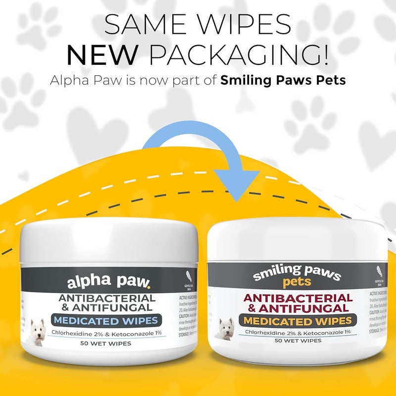 Smiling Paws Pets مناديل للكلاب والقطط - مضادة للبكتيريا والفطريات - تحتوي على كيتوكونازول وكلورهيكسيدين - علاج الجلد للعدوى الخميرية، السعفة، التهاب الجلد القيحي، البكتيريا والفطريات - 50 منديلًا (عبوتان) - Image 2