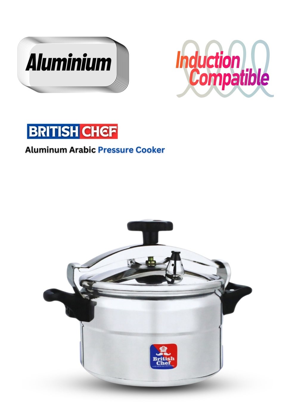 British Chef Aluminum Arabic Pressure Cooker, Induction Base Pressure Pot, High Quality Arabic Cooker With Durable Body and Lid Available Sizes 5L 7L 9L 11L 15L - Silver 