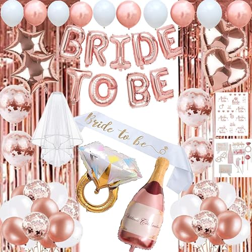 EFAILY Bachelorette Party Decorations - Rose Gold Bridal Shower Party Decor and Supplies Kit Bride To Be Sash, Veil, Temporary Tattoos, Confetti Balloons Pack Fringe Curtain. - Image 1