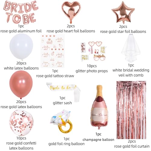 EFAILY Bachelorette Party Decorations - Rose Gold Bridal Shower Party Decor and Supplies Kit Bride To Be Sash, Veil, Temporary Tattoos, Confetti Balloons Pack Fringe Curtain. - Image 2