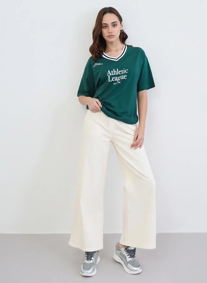 Styli Green Varsity Slogan Oversized T-Shirt