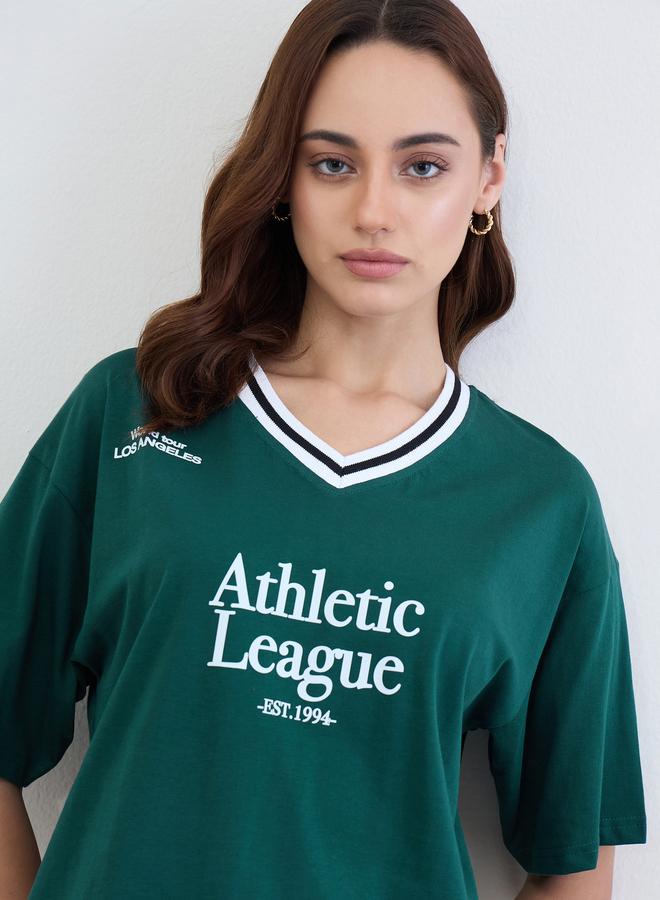 Styli Green Varsity Slogan Oversized T-Shirt - Image 4