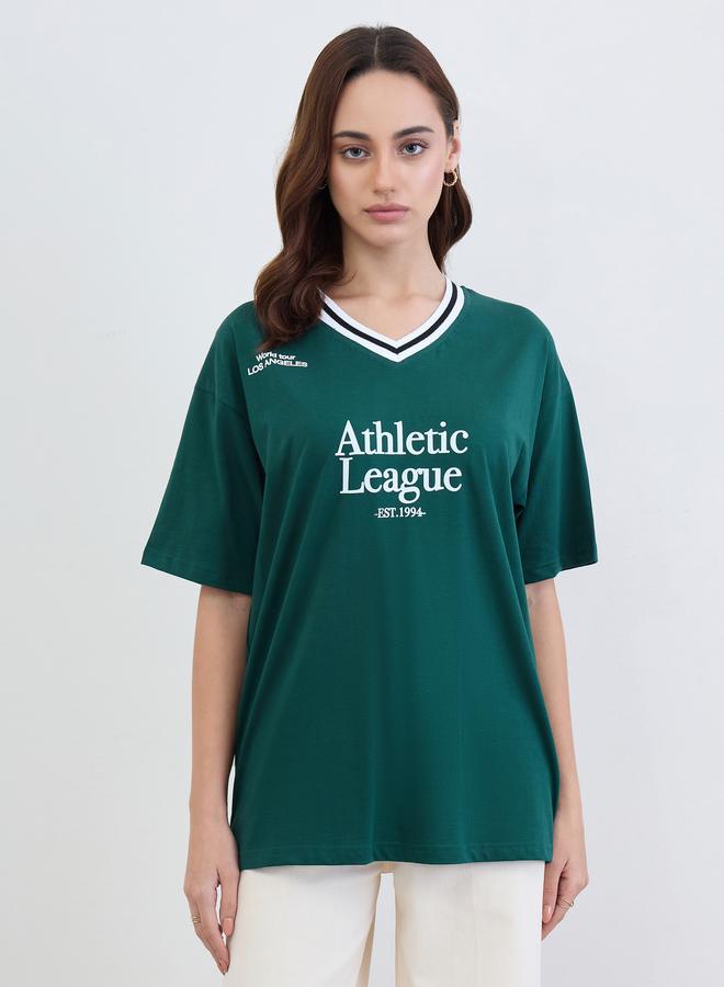 Styli Green Varsity Slogan Oversized T-Shirt - Image 3