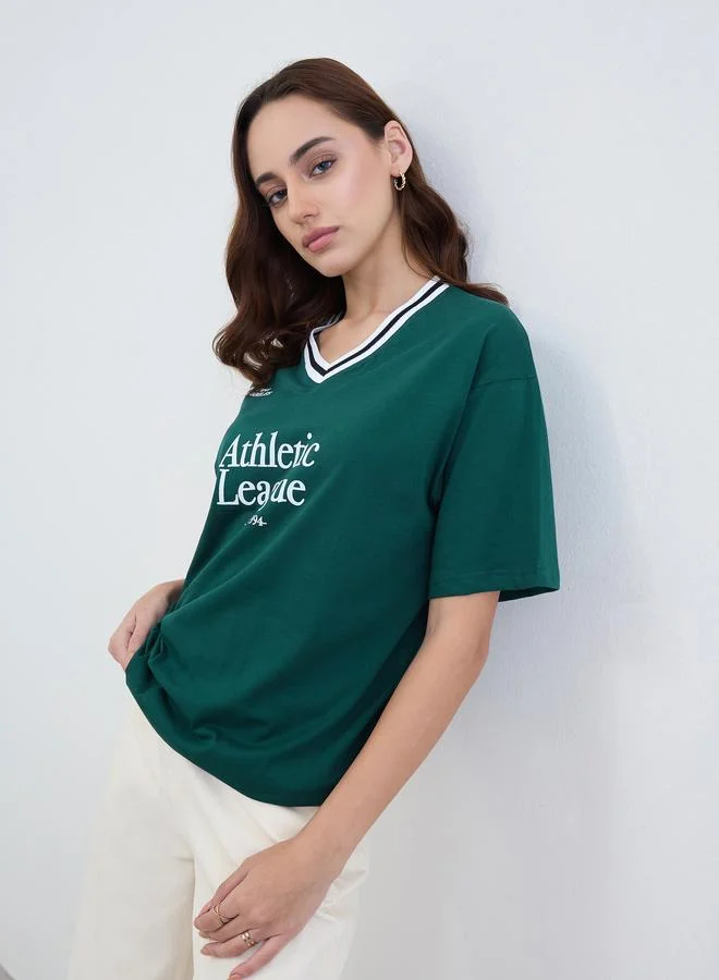 Green Varsity Slogan Oversized T-Shirt