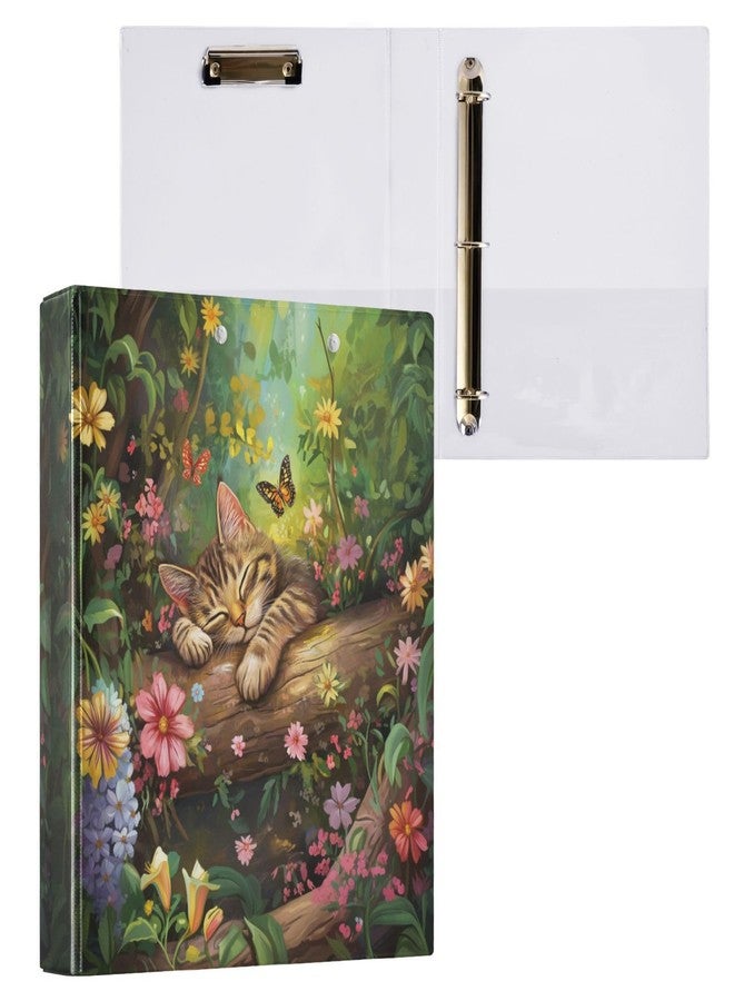 Fustylead Sleeping Cat in Forest Butterfly Floral 3 Ring Binder 1.5" Decorative D-Ring Binder with Clipboard&3 Clear Pockets, Holds 200 Sheets A4 Size Paper Waterproof Binders for School Home Office - Image 1