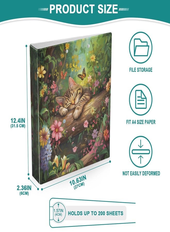 Fustylead Sleeping Cat in Forest Butterfly Floral 3 Ring Binder 1.5" Decorative D-Ring Binder with Clipboard&3 Clear Pockets, Holds 200 Sheets A4 Size Paper Waterproof Binders for School Home Office - Image 5