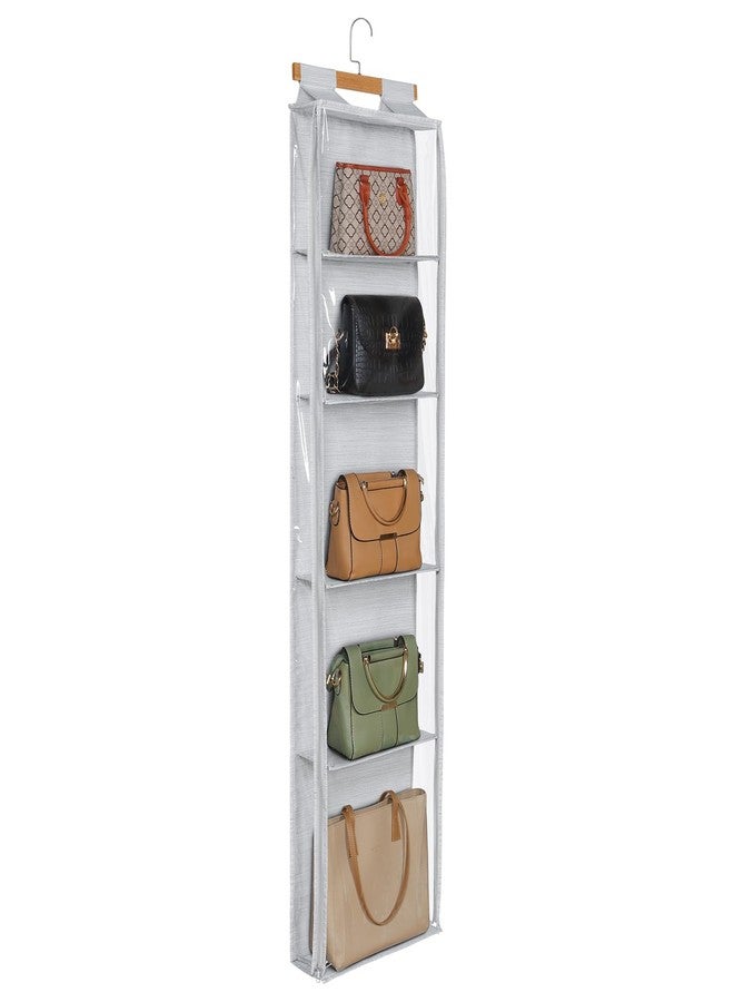 Syeeiex Hanging Handbag Purse Organizer with Zippers, Clear Slubbed Fabric+PVC Hanging Closet Bag Organizer, 4 Mesh Shelves,Dustproof Handbag Closet Tote Storage Bag for Door, Wardrobe, Shelf Rack - Image 1