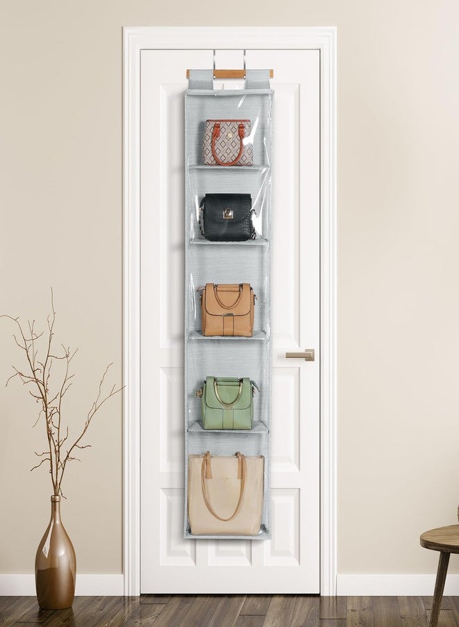 Syeeiex Hanging Handbag Purse Organizer with Zippers, Clear Slubbed Fabric+PVC Hanging Closet Bag Organizer, 4 Mesh Shelves,Dustproof Handbag Closet Tote Storage Bag for Door, Wardrobe, Shelf Rack - Image 2
