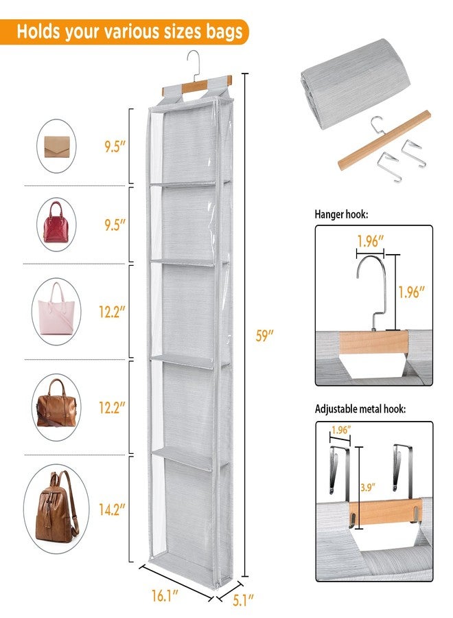 Syeeiex Hanging Handbag Purse Organizer with Zippers, Clear Slubbed Fabric+PVC Hanging Closet Bag Organizer, 4 Mesh Shelves,Dustproof Handbag Closet Tote Storage Bag for Door, Wardrobe, Shelf Rack - Image 3