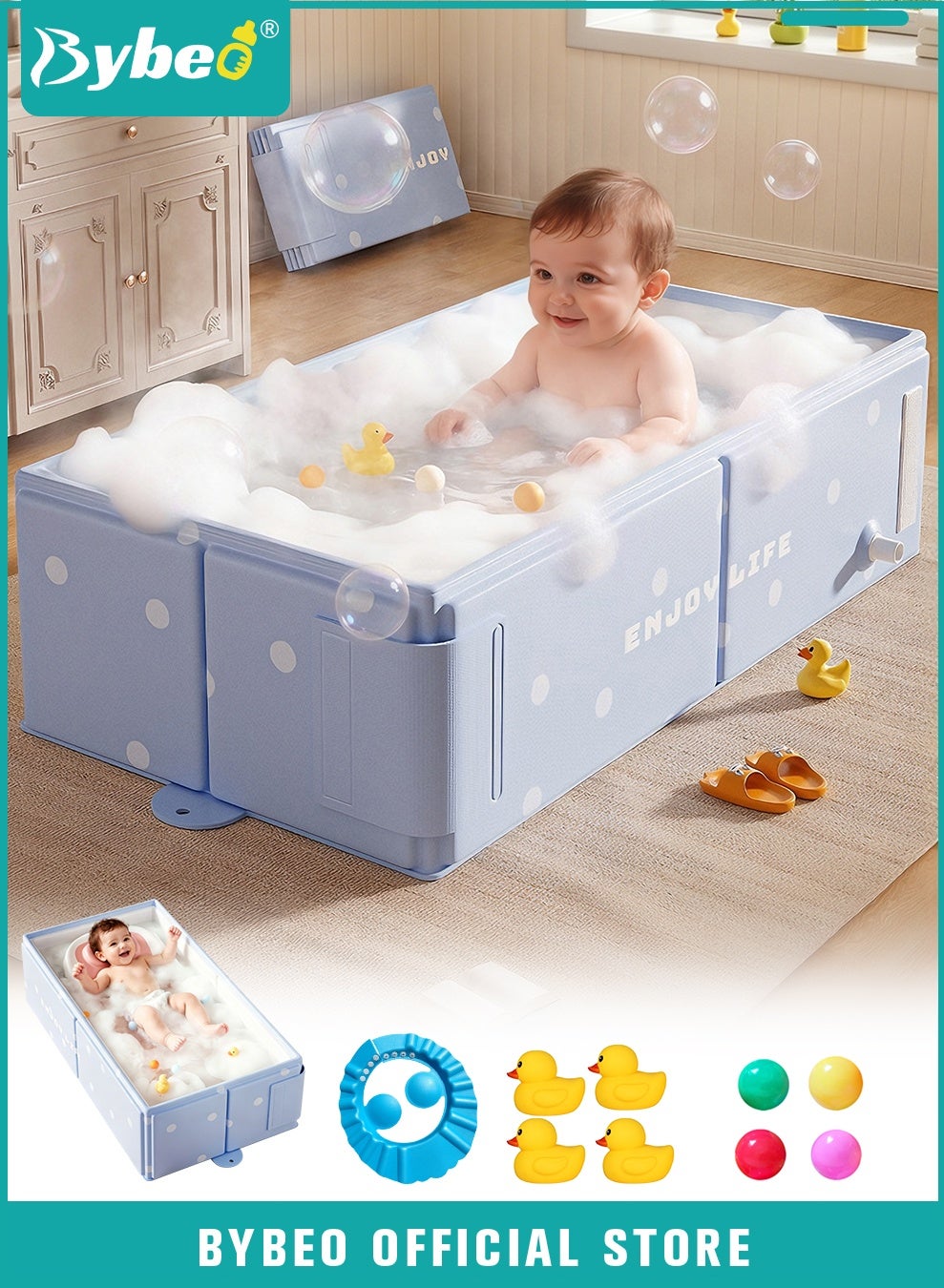 Bybeo Baby Bath Tub, Collapsible Baby Bathtub, Portable Bath Tub with Non-Slip Base+Shower Cap+5 Ocean Balls+4 Duckling Toys, Large Capacity, for 0-8 Years Old Toddlers and Kids