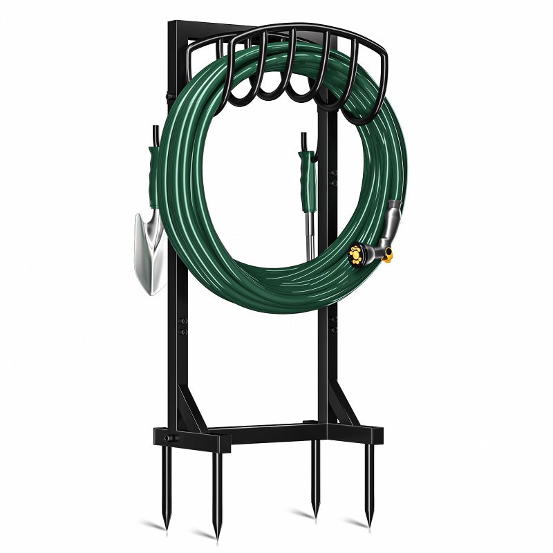Kesfitt Garden Hose Holder Stand with 4 Spikes & 2 Tool Hooks, Detachable Heavy Duty Metal Freestanding Hose Reel Outdoor Organizer for Lawn Yard Water Storage Rack - Image 1